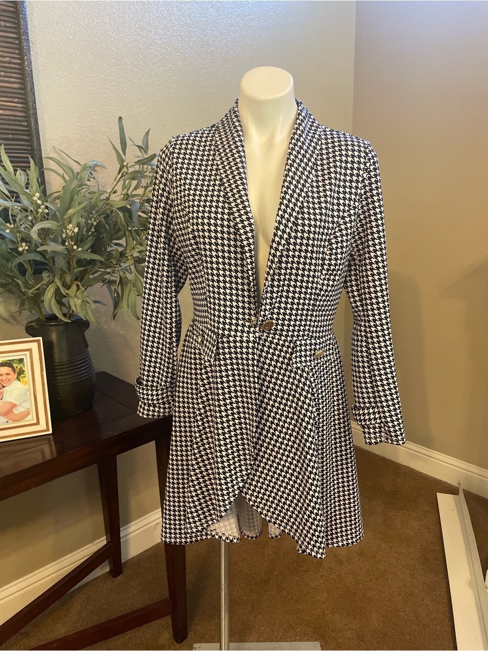 Houndstooth Shawl Collar Blazer - Black & White